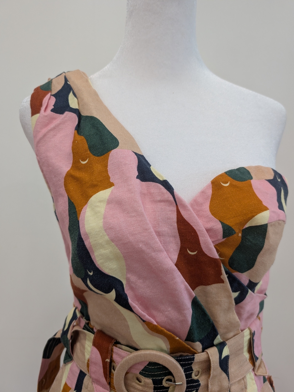FARM Rio One-Shoulder Pink Multi-Color Belted Romper - Picture 2 of 8